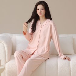 宜而爽 宽松女士简约风可外穿家居服套装开衫翻领柔软德绒长袖睡衣
