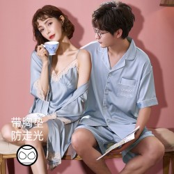 乐姿梦 情侣睡衣女结婚夏季冰丝性感睡裙两件套红色新婚男短袖家居服套装
