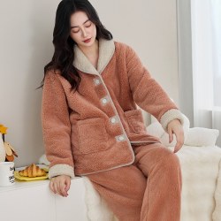 CDMP 2026新款简约翻领奶茶色女冬季可外穿珊瑚绒保暖加厚家居服套装女