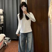 梦境花园 正肩纯色圆领长袖T恤女春秋基础款内搭短款打底衫修身百搭上衣服