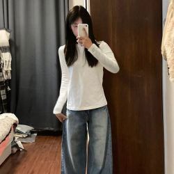 梦境花园 正肩纯色圆领长袖T恤女春秋基础款内搭短款打底衫修身百搭上衣服