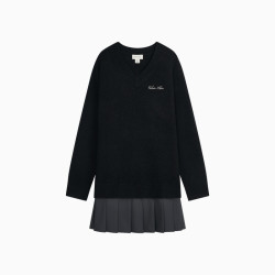 CK Jeans26秋冬新款女士学院风签名刺绣V领百褶拼接针织连衣裙