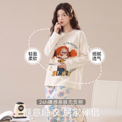 猫人 纯棉睡衣女款2026新款秋春女士家居服2026新款长袖上衣带胸垫