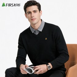 杉杉 [含绵羊毛]杉杉假两件长袖POLO领针织羊毛衫男士秋冬保暖翻领毛衣