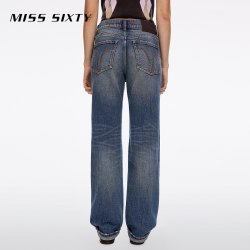 MISS SIXTY 2026秋季新款牛仔裤女中腰复古做旧猫须磨白磨破直筒裤