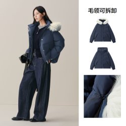 太平鸟 连帽毛领蓝色羽绒服女派克服白鸭绒A1ACF4306