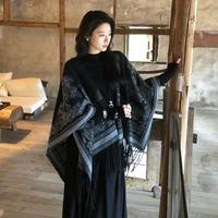 JK&JS 复古水墨画斗蓬披肩外套女秋冬宽松流苏搭配大衣穿保暖上衣外搭女