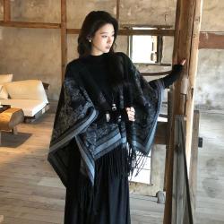 JK&JS 复古水墨画斗蓬披肩外套女秋冬宽松流苏搭配大衣穿保暖上衣外搭女