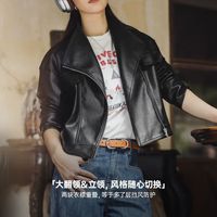 马登 新款五折！巴恩风美式荔枝纹黑色短款斜拉链立翻领机车服PU皮衣夹克美高外套女士秋 黑色