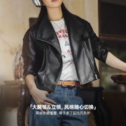 马登 新款五折！巴恩风美式荔枝纹黑色短款斜拉链立翻领机车服PU皮衣夹克美高外套女士秋 黑色