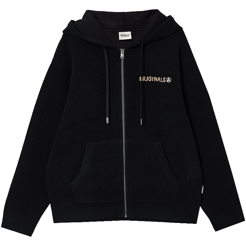 JACK&JONES 杰克琼斯 字母刺绣宽松连帽针织衫 黑色 S