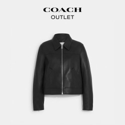 COACH 女士皮革拉链开合短款夹克外套百搭
