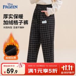 迪士尼 童装女童休闲裤2026春夏新款中大童女孩加绒加厚保暖格子直筒长裤 黑色 140