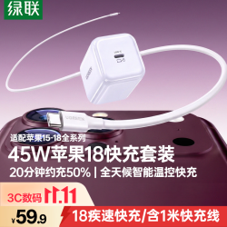 绿联 氮化镓快充 充电器套装+Type-C数据线  单Type-C口 线充套装 45W
