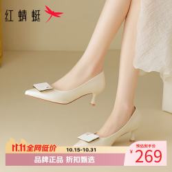 红蜻蜓 女鞋尖头方扣高跟鞋 一脚蹬细高跟小皮鞋百搭优雅休闲女士单鞋子