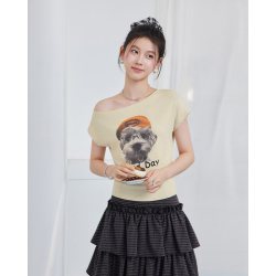 爱依服 2026夏季新款美式复古小狗印花短袖T恤女百搭斜肩上衣