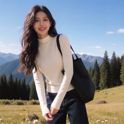 班尼路 杏色半高领打底衫女款2026秋冬新款薄绒保暖修身内搭上衣N