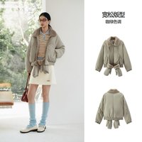 森马 棉服女冬毛绒翻领手套宽松分割肌理2025新款时尚复古休闲棉衣