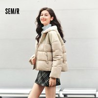 森马 棉服女拼接宽松棉衣复古时尚2024冬季新款毛绒连帽面包服潮流