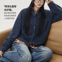 马登 深蓝纯色美式复古桃皮绒翻领衬衫长袖上衣宽松外套衬衣女士秋季 深蓝色