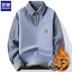 罗蒙 男士假两件加绒加厚针织衫