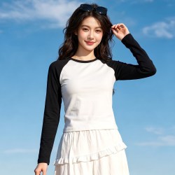 班尼路 撞色修身长袖t恤女2026秋季新款超好看独特内搭打底衫上衣H