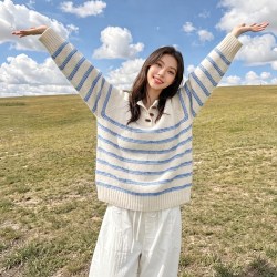 班尼路 撞色条纹针织毛衫女款2026秋季新款时尚高级感半开领毛衣Q