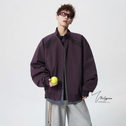 V37 美式潮牌解构拼接立领飞行夹克男秋秋高级感紫色宽松拉链外套