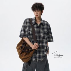 V37 美式复古格子衬衫男秋潮牌学院风少年感衬衣高街潮流情侣外套