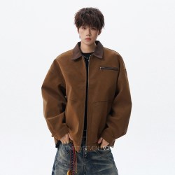 V37 美式小口袋拼色翻领夹克男秋季复古潮牌痞帅宽松休闲PU皮外套