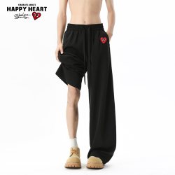 CHARLES JANG'S HAPPY HEART 美式黑色弯刀卫裤男春秋季加绒直筒阔腿休闲运动长裤子