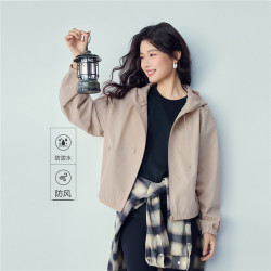 佐丹奴 防风夹克女2026秋季新款宽松抽绳连帽拉链风衣外套13376155