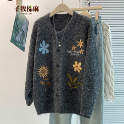 子牧棉麻 2026秋冬装 女复古撞色花卉刺绣慵懒风宽松针织开衫外套上衣5839 灰色 均码