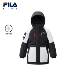 斐乐 冬季中长款保暖连帽羽绒服 深黑-BK 130