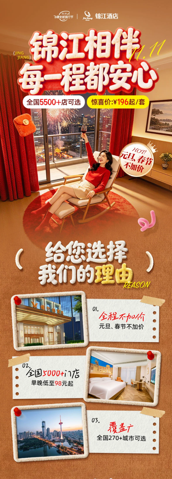 锦江全国5500+门店2晚可拆分通兑