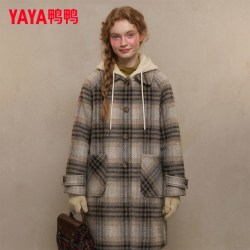 YAYA 鸭鸭中长款羽绒服女冬季2026新款时尚加厚连帽格子大衣保暖外套潮