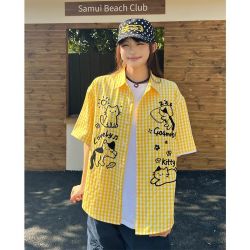 404MOBGANG 404MOB立体毛巾绣可爱小猫夏季短袖格子衬衫男女休闲百搭宽松潮牌