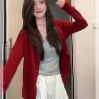 今年流行的红色针织开衫外套女薄款早秋季韩系氛围感秋冬长袖上衣