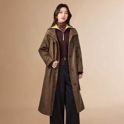 爱依服 2026冬季新款磨砂皮长外套英伦风皮衣宽松立领通勤风衣