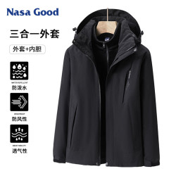 NASA GOOD 冲锋夹克男女款三合一两件套青年防风保暖秋冬上衣休闲外套 黑