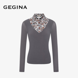 GEGINA 女装2026秋冬新品碎花翻领假两件打底衫女修身弹力内搭上衣