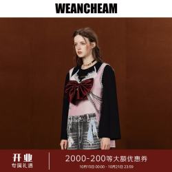 WEancheAM 未未姆 2026秋新款假两件手绘印花T恤女蝴蝶结吊带长袖 黑色 M