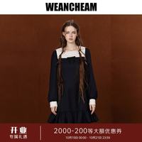 WEancheAM 未未姆 2026秋新款刺绣领古董连衣裙女蝴蝶结荷叶边裙 藏青色 L