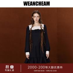WEancheAM 未未姆 2026秋新款刺绣领古董连衣裙女蝴蝶结荷叶边裙 藏青色 L