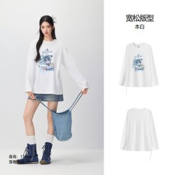 森马 罗小黑长袖T恤女秋冬中长款宽松抽绳26新款可爱松弛感套头衫