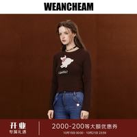 WEancheAM 未未姆 2026秋新款羊咩咩短款女士修身圆领针织长袖T恤 深咖 S