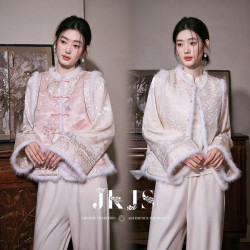 JK&JS 两面穿水貂毛马甲女外穿冬外套新中式绣花马夹素雪粉 S