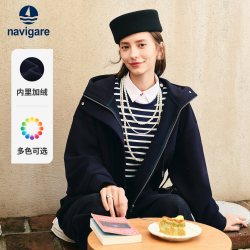 navigare 小帆船短款加绒宽松卫衣女士连帽开衫外套