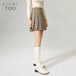 爱居兔 半身裙女春季新款韩版撞色格子压褶裙摆时尚短裙裙子女
