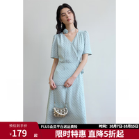 独束 大码女装法式V领复古波点连衣裙夏季新款微胖mm灵动百搭女裙 远天蓝 M (尺码：1)